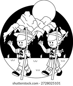 Schwarz-weiße Illustrationen von Thai Boy Scouts und Girl Scouts wandern im Wald