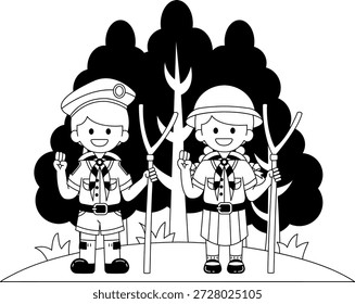 Schwarz-weiße Illustrationen von Thai Boy Scouts und Girl Scouts wandern im Wald