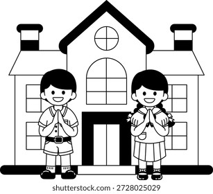 Ilustrações em preto e branco de estudantes tailandeses estão de pé e se curvando na frente da escola