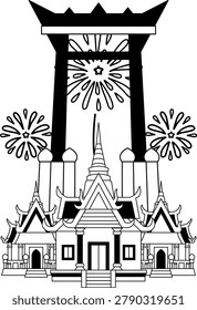 black and white illustrations of a Thai temples, the Giant Swing, and fireworks