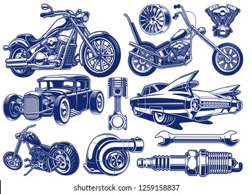 Black and white illustrations of transportation theme, isolated on the white background.