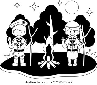 Ilustrações em preto e branco de duas crianças em uniformes de escoteiros estão ao lado de uma fogueira