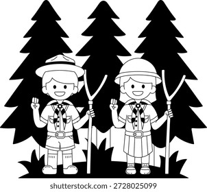 Schwarz-weiße Illustrationen von Zwei Kindern in Pfadfinderuniformen sind in einem Wald 