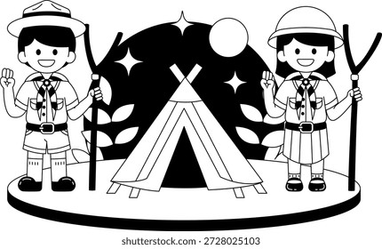 Schwarz-weiße Illustrationen von Zwei Kinder in Pfadfinderuniformen stehen vor einem Teepee-Zelt