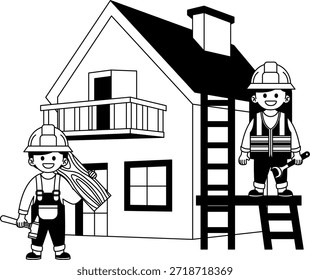 Ilustrações em preto e branco de dois trabalhadores da construção que trabalham em uma casa