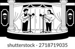 Black and white illustrations of Two people playing guitars and singing on stage