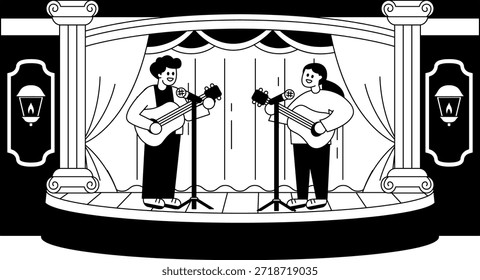 Black and white illustrations of Two people playing guitars and singing on stage
