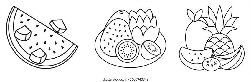 Black and white illustrations of various fruits on plates.