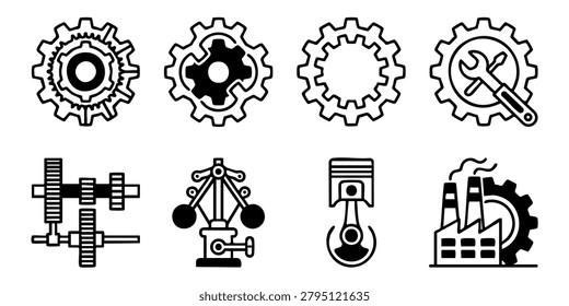 Black and white illustrations of various gear designs are shown. Black gear icons arranged in rows on a white surface with industrial machinery elements, A collection of various mechanical tools and gears are arranged neatly on a table indoors.
