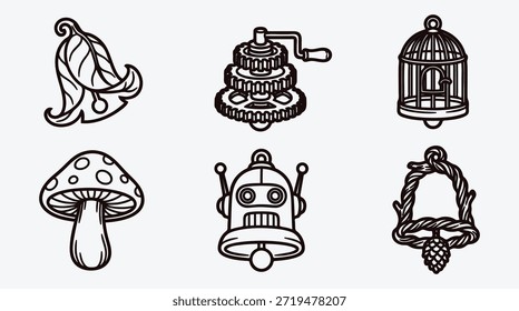 ilustrações em preto e branco de vários objetos