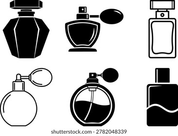 Black and white illustrations of various perfume bottles and atomizers