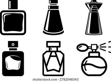 Black and white illustrations of various perfume bottles and fragrance containers
