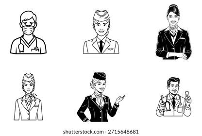 Black and white illustrations of various professionals like doctors and flight attendants