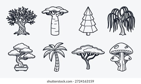 Ilustraciones en blanco y negro de varios árboles y setas sobre fondo liso
