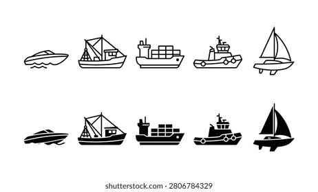 Black and white illustrations of various types of boats and ships maritime vessels