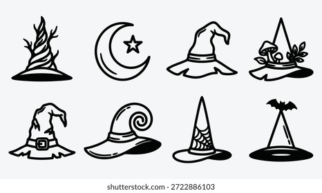 Black and white illustrations of various witch hats and magical symbols for Halloween or fantasy designs witchcraft concepts