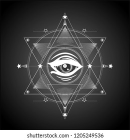 Black and white illustration.Sacred print.To be used for print t shirt, sketch for tattoo art,coloring book.Alchemy,occultism,masonic symol.six pointed star with all seeing eye.Eye of providence