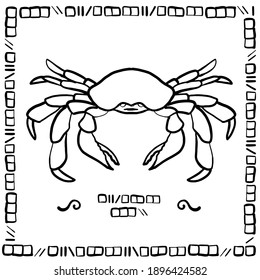 Black and white ilustration of crab on simple white background with decorative black frame