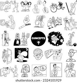 Black   white ilustration set humorous cartoon concepts metaphors   ideas and comic characters