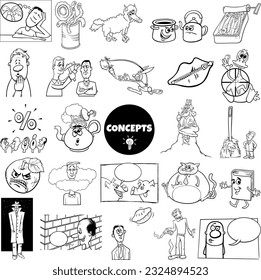 Black and white ilustration set of humorous cartoon concepts or metaphors and ideas with comic characters svg