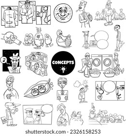 Black and white ilustration set of humorous cartoon concepts or metaphors and ideas with comic characters