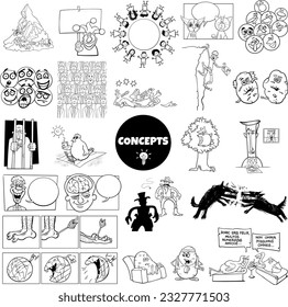 Black and white ilustration set of humorous cartoon concepts or metaphors and ideas with comic characters