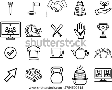 a black and white image with 20 different line icons, including a golf tee, flag, handshake, grater, plant, computer screen, clock, baseball bats, trophy, checkmark, chef hat, coffee cup, kettle, fencers, arrow, scale, kettlebell, steamer, and a checkmark in a circle