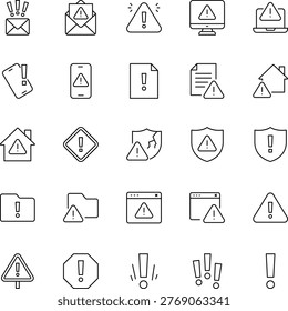 a black and white image of 25 different warning icons, including exclamation marks, triangles, and shields, on a white background, representing alerts and notifications