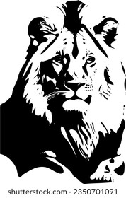 black and white image of an African lion. vector isolated graphic.