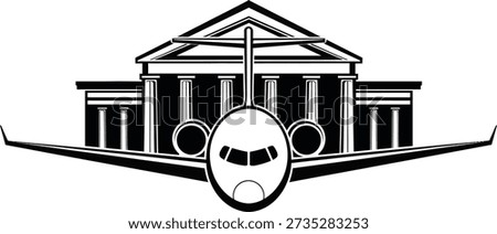 Black and white image of an airplane in front of a building with columns and a triangular roof