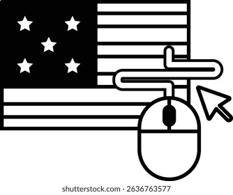 A black and white image of the American flag with a mouse cursor on it. Concept of technology and the internet, as well as the importance of the United States