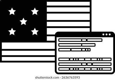 A black and white image of the American flag with a computer screen underneath it. The computer screen is displaying a message or code