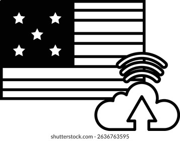 A black and white image of the American flag with a cloud and a star. The cloud is pointing upwards and the stars are scattered around the flag