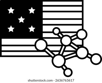 A black and white image of the American flag with a molecular structure underneath it. The flag is surrounded by stars and the molecular structure is made up of circles