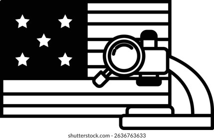 A black and white image of an American flag with a magnifying glass on it. The magnifying glass is pointing to the stars on the flag