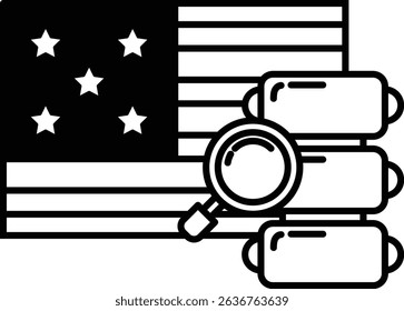 A black and white image of the American flag with a magnifying glass on it. The magnifying glass is on the right side of the flag