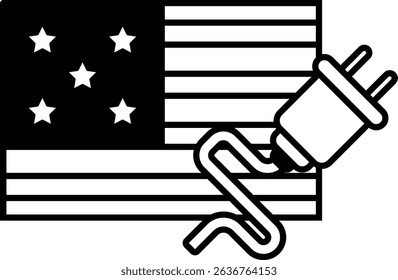 A black and white image of an American flag with a plug on it. The plug is connected to a wire that is wrapped around the flag