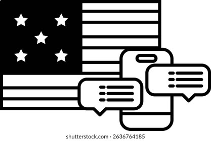 A black and white image of the American flag with a cell phone and a star. Concept of communication and connection, as the cell phone is a modern tool for staying in touch with others