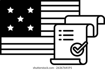 A black and white image of the American flag with a check mark on a piece of paper. Concept of approval or validation