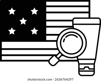 A black and white image of the American flag with a magnifying glass on top of it. The magnifying glass is pointing to the stars on the flag