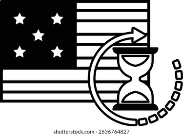 A black and white image of the American flag with a clock on the right side. The clock is set at 12:00 and has a white arrow pointing to the right. Concept of time passing