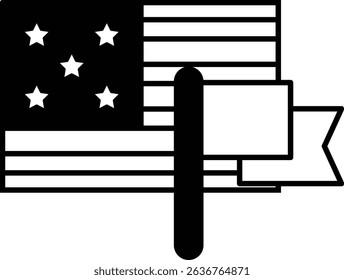 A black and white image of the American flag with a red and white sign on top of it