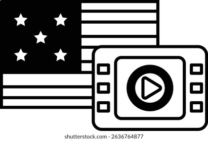 A black and white image of an American flag with a video player on the right. The flag is surrounded by stars and the video player is on the right side of the image