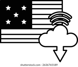 A black and white image of the American flag with a cloud and a star. The cloud is pointing down, and the stars are scattered across the flag. Concept of progress and growth