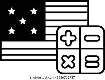 A black and white image of the American flag with a calculator on the right. The calculator has the numbers 1 through 9 on it