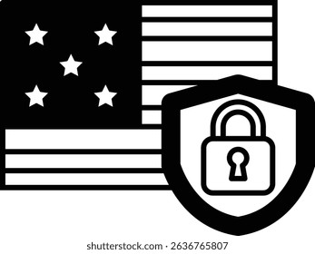 A black and white image of the American flag with a keyhole in the middle. Concept of security and protection