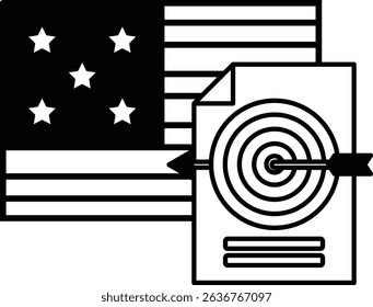 A black and white image of the American flag with a target on it. The target is pointing to the stars on the flag