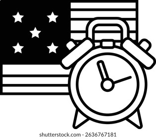 A black and white image of an American flag with a clock on it. The clock is set at 10:00
