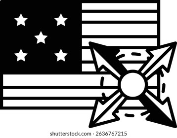A black and white image of an American flag with a cross and arrows on it. The flag is surrounded by stars and the cross and arrows are pointing in different directions. Concept of power and strength