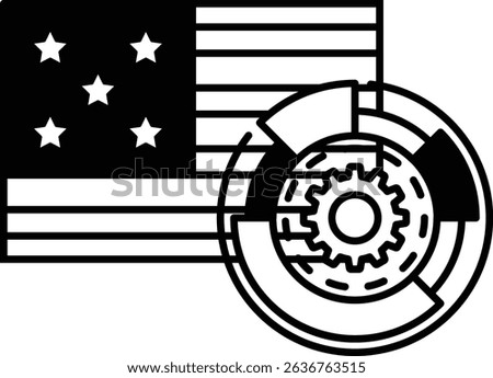 A black and white image of the American flag with a gear on it. The flag is surrounded by stars and the gear is in the center. Concept of progress and innovation